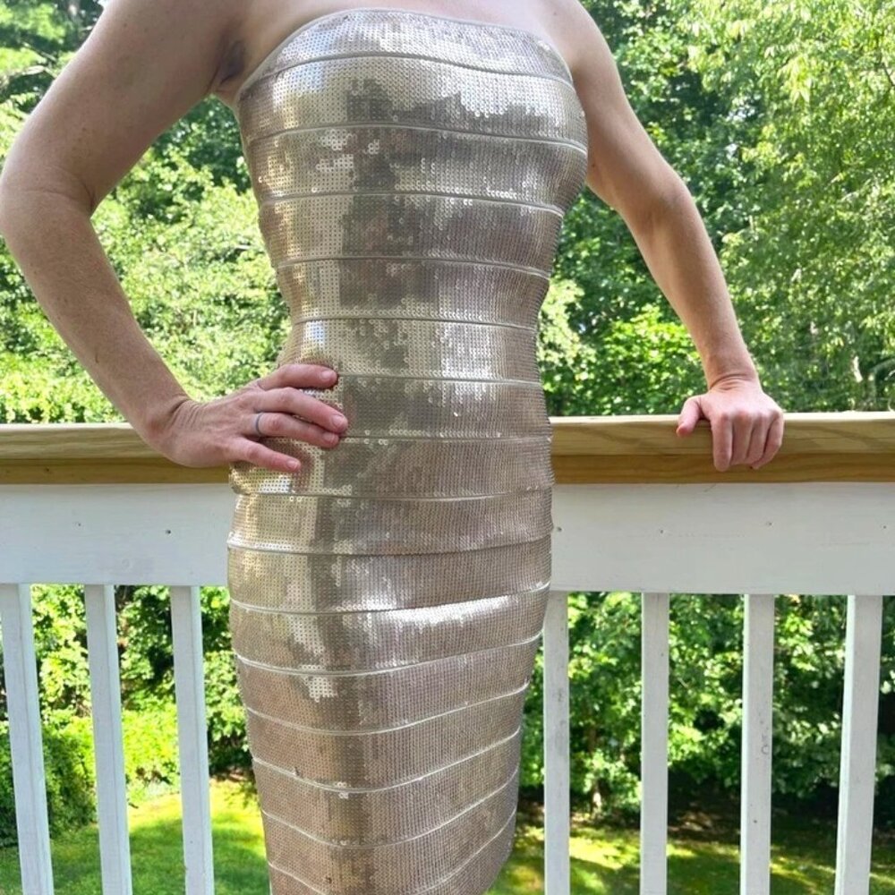 Haute Hippie Gold Stretchy Sequined Strapless Dress Size Small